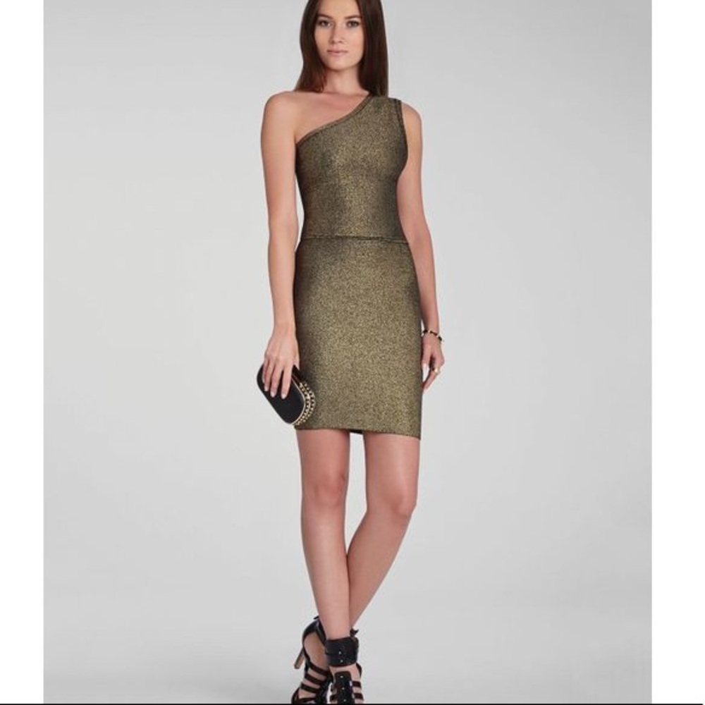 BCBGMAXAZRIA Inari One Shoulder Gold Mini Dress